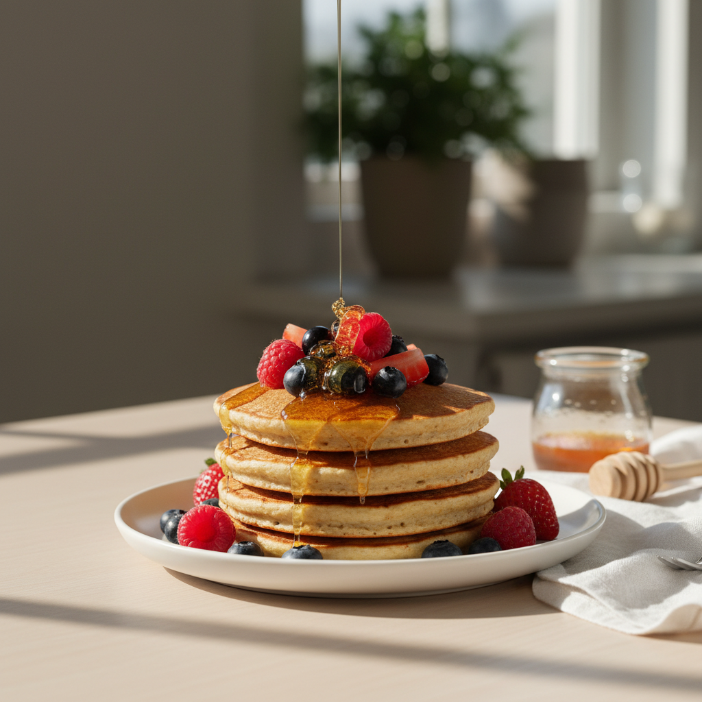 Avižiniai blyneliai su šviežiomis uogomis ir medaus lašais